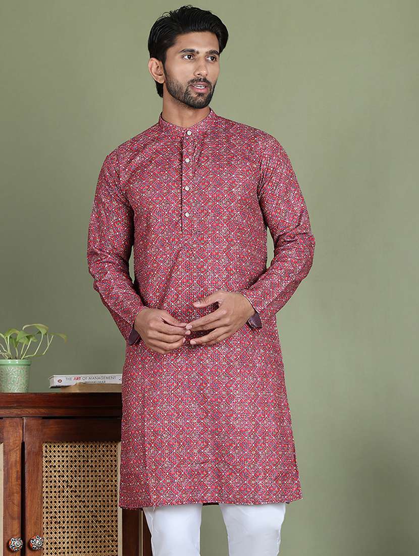 men printed mandarin neck long kurta