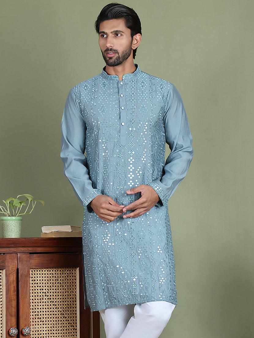 men embroidered mandarin neck long kurta - 21687710 -  Zoom Image - 0
