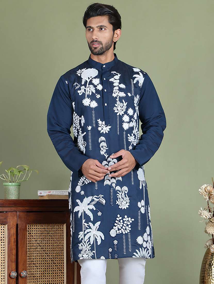 men embroidered mandarin neck long kurta - 21687713 - Zoom Image - 0