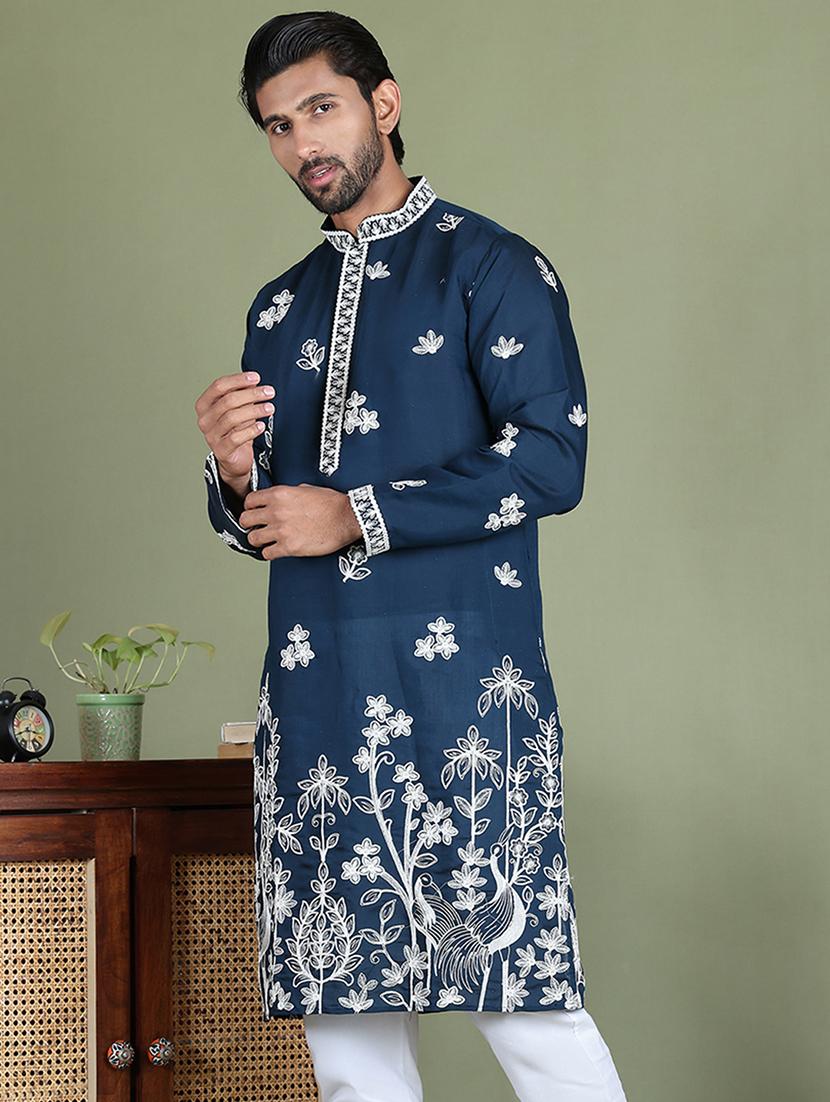 men embroidered mandarin neck long kurta - 21687717 - Standard Image - 3