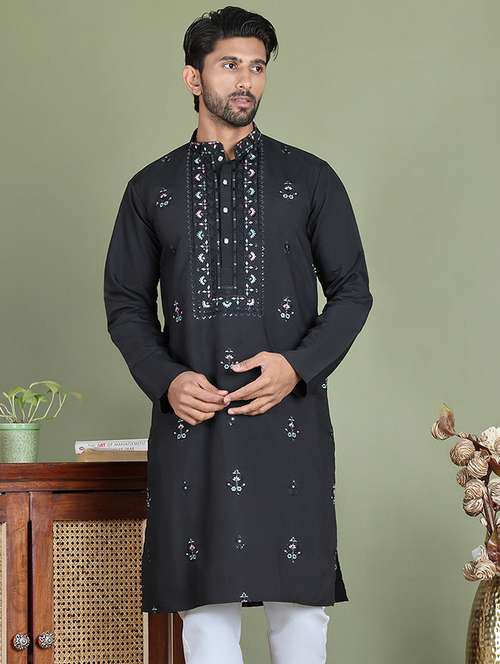 men embroidered mandarin neck long kurta - 21687730 - Standard Image - 0