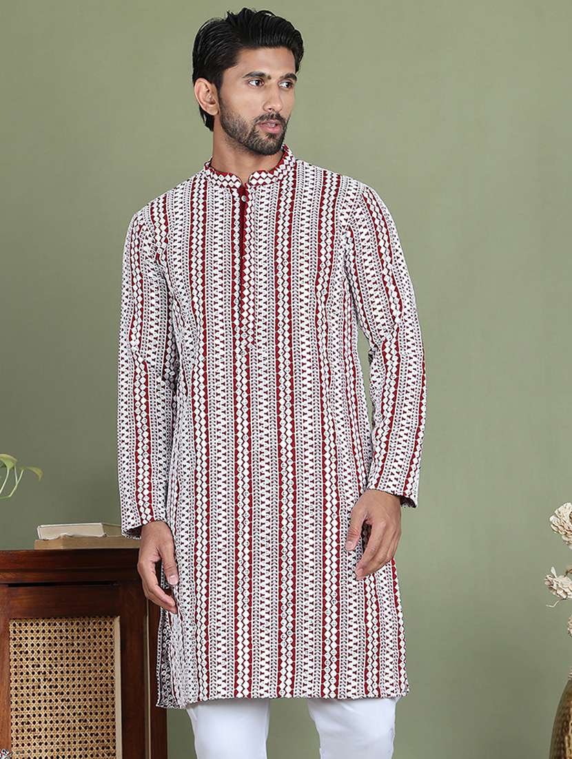men embroidered mandarin neck long kurta - 21687737 -  Zoom Image - 0