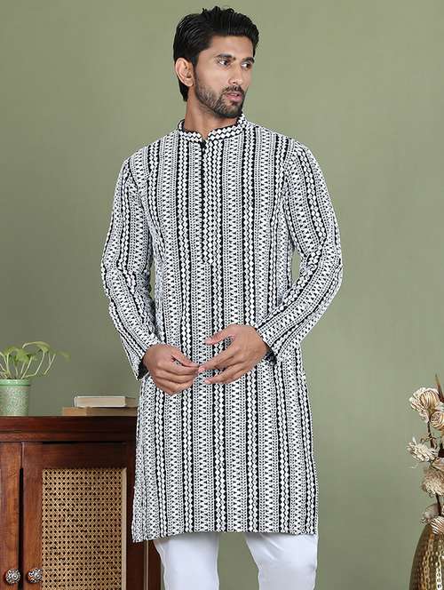 men embroidered mandarin neck long kurta - 21687738 - Standard Image - 0