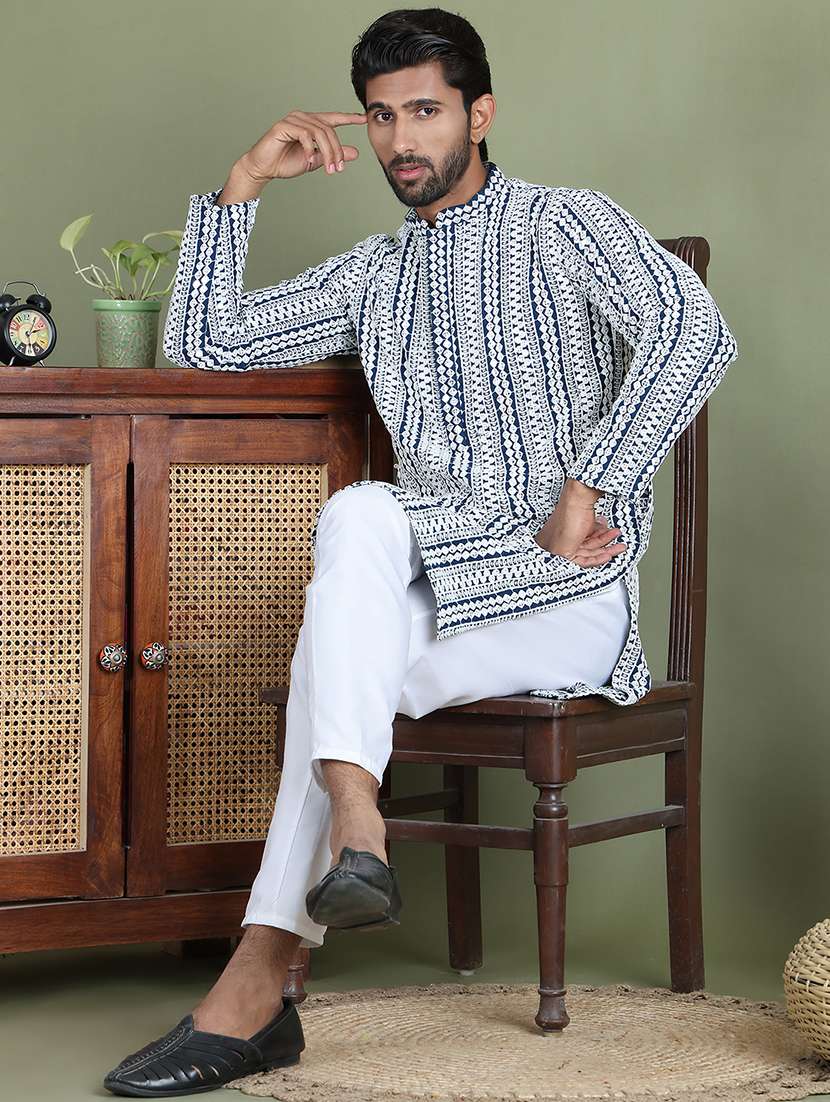 men embroidered mandarin neck long kurta - 21687739 - Standard Image - 3