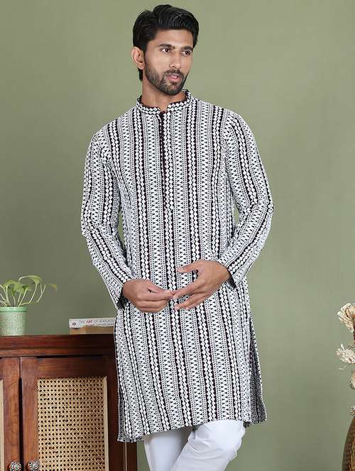 men embroidered mandarin neck long kurta - 21687740 -  Standard Image - 0