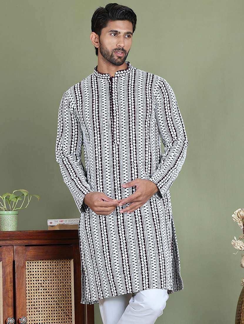 men embroidered mandarin neck long kurta - 21687740 -  Zoom Image - 0