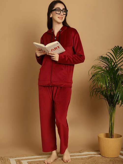 women solid velvet nightwear set - 21687842 -  Standard Image - 0