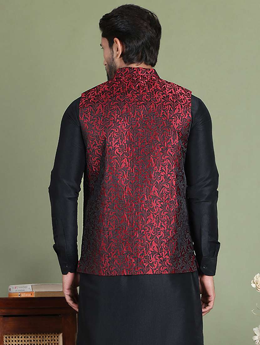 maroon silk blend nehru jacket - 21687892 -  Standard Image - 3