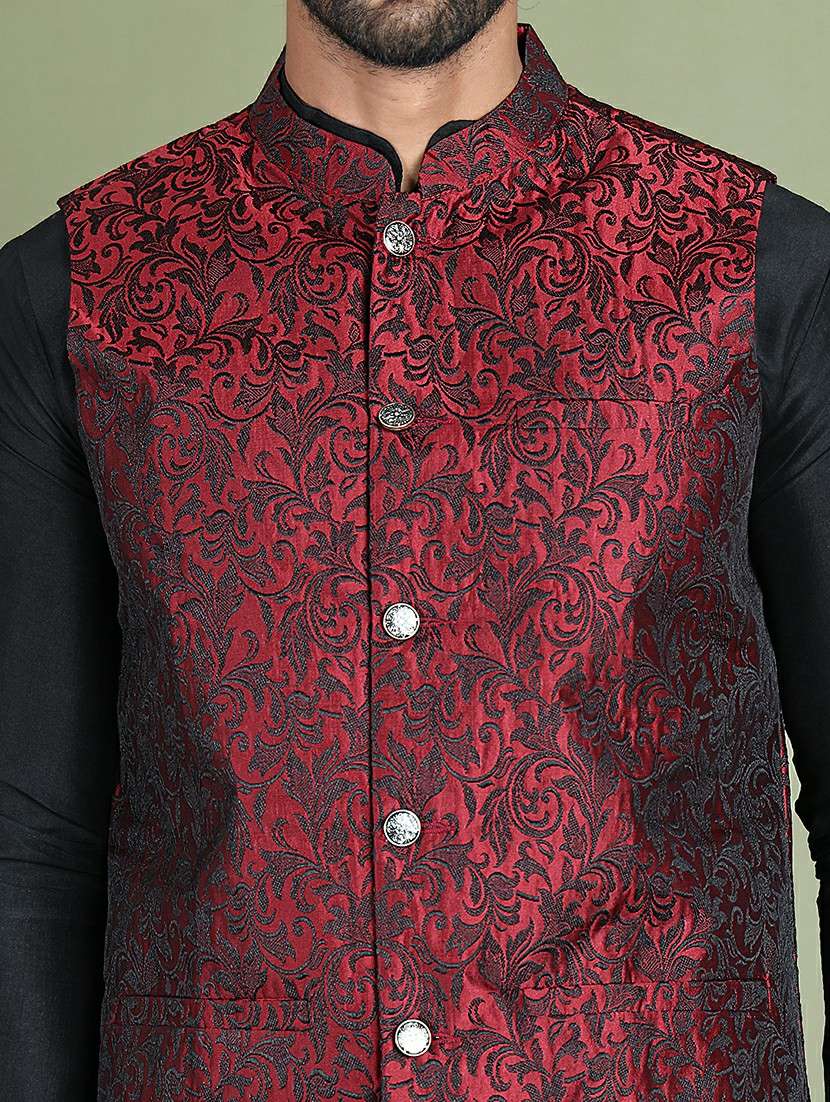 maroon silk blend nehru jacket - 21687892 -  Standard Image - 5