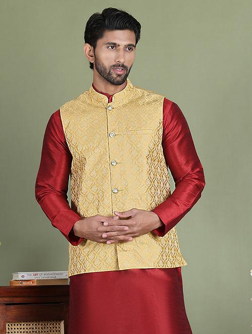 gold silk blend nehru jacket - 21687893 -  Standard Image - 0