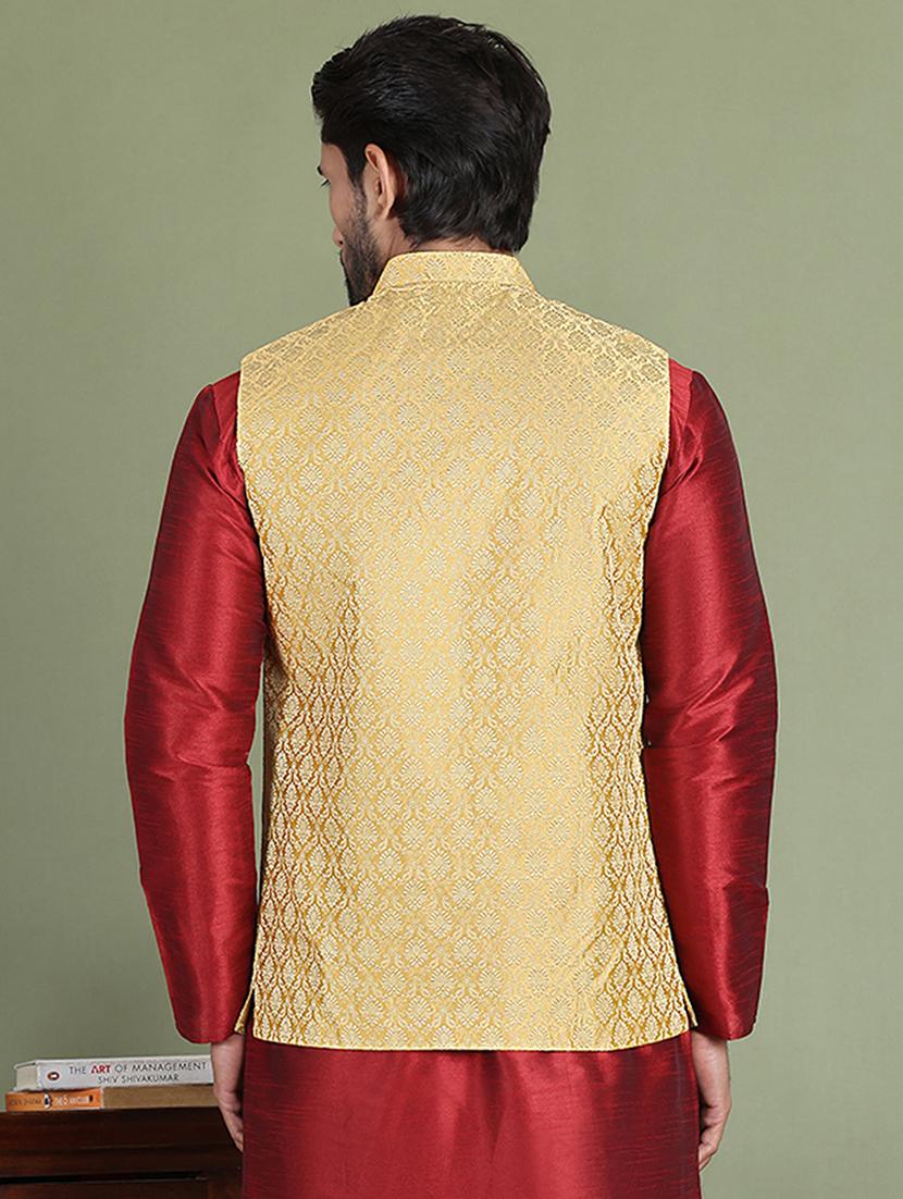 gold silk blend nehru jacket - 21687893 - Standard Image - 3