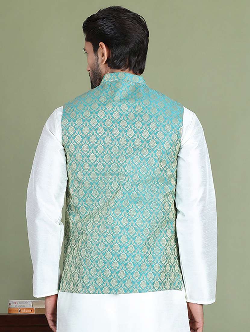 green silk blend nehru jacket - 21687894 -  Standard Image - 3