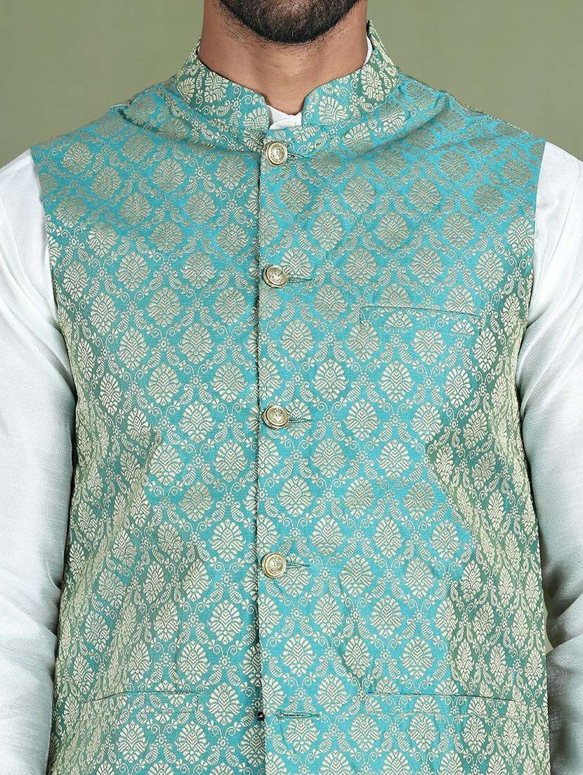 green silk blend nehru jacket - 21687894 -  Standard Image - 5
