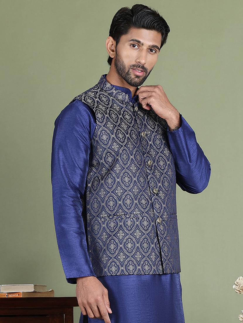 brown silk blend nehru jacket - 21687895 - Standard Image - 3