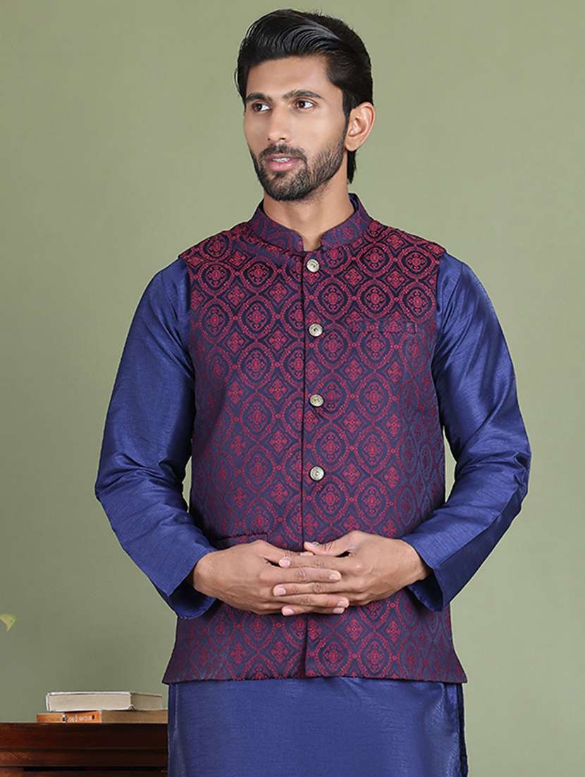 maroon silk blend nehru jacket - 21687896 - Zoom Image - 0