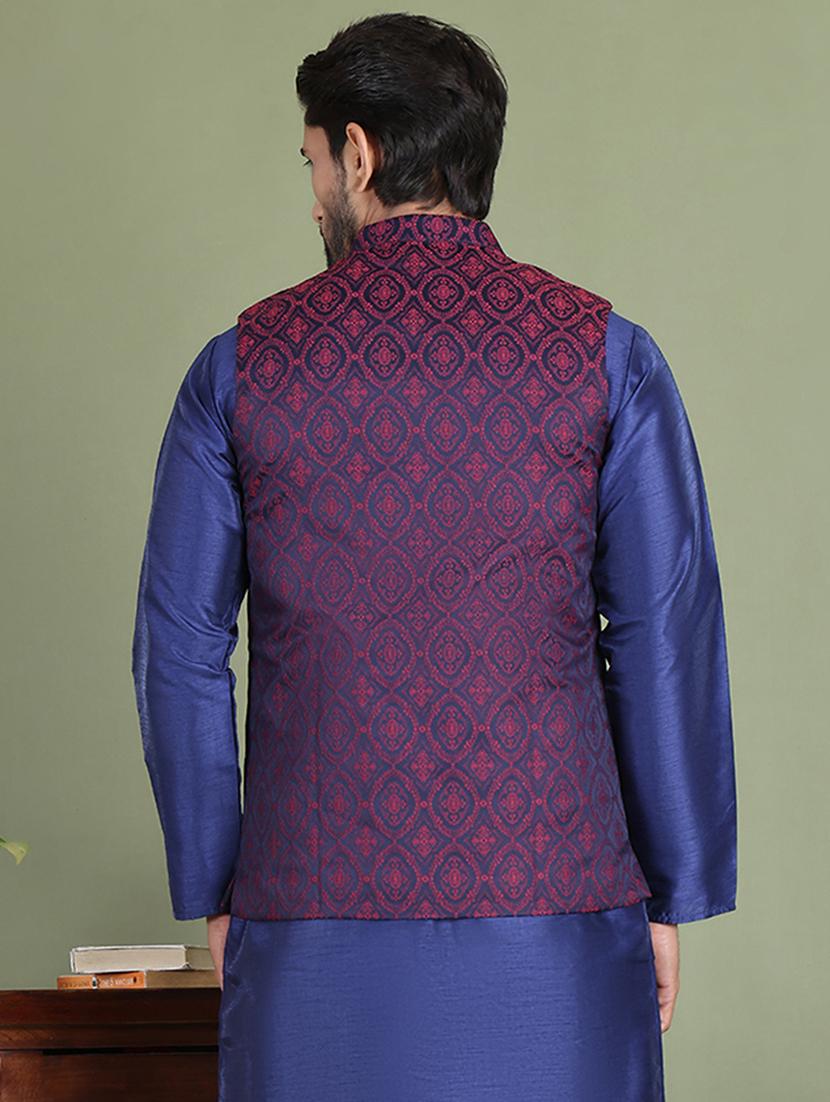 maroon silk blend nehru jacket - 21687896 - Standard Image - 3