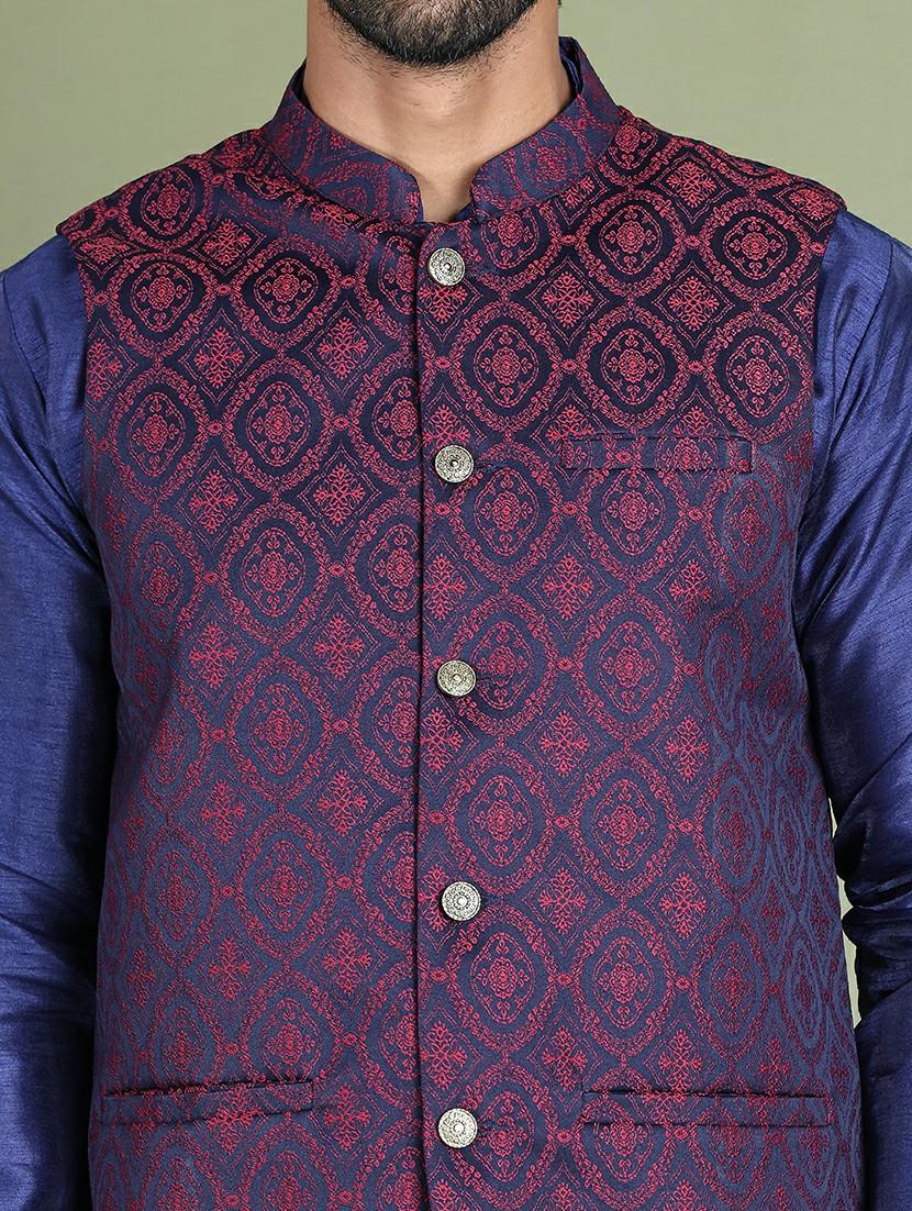 maroon silk blend nehru jacket - 21687896 - Standard Image - 5