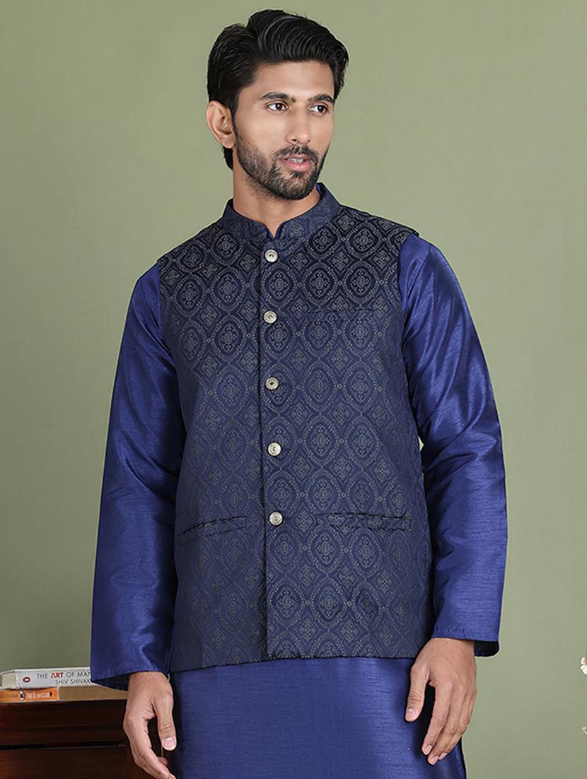 silver silk blend nehru jacket - 21687897 - Zoom Image - 0