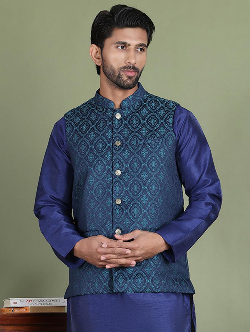 teal silk blend nehru jacket - 21687898 - Zoom Image - 0