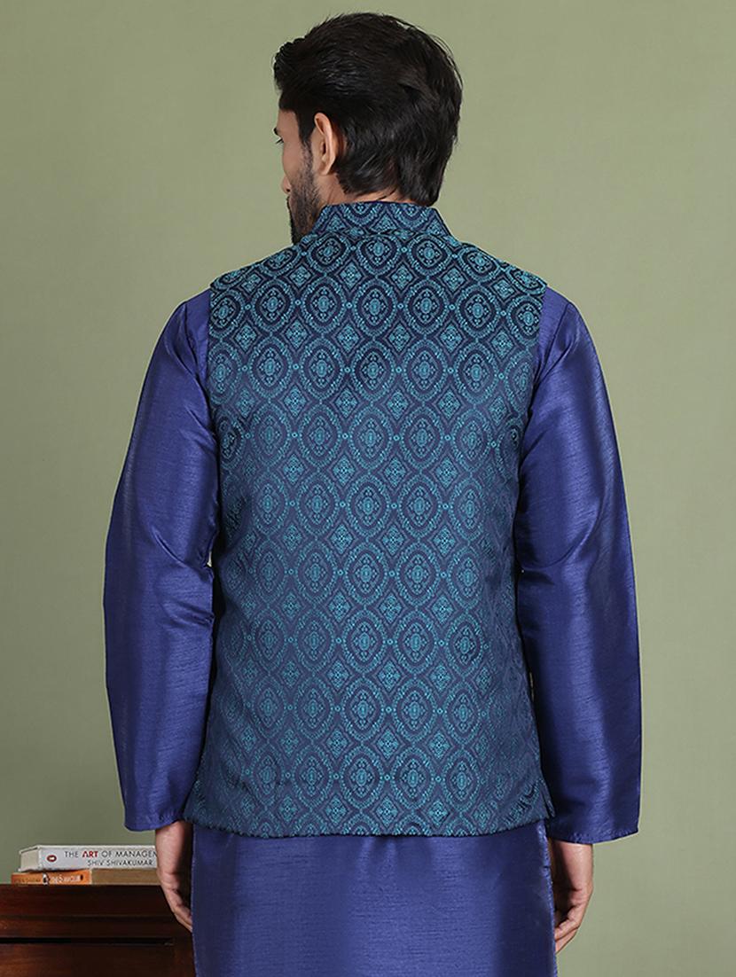 teal silk blend nehru jacket - 21687898 - Standard Image - 3