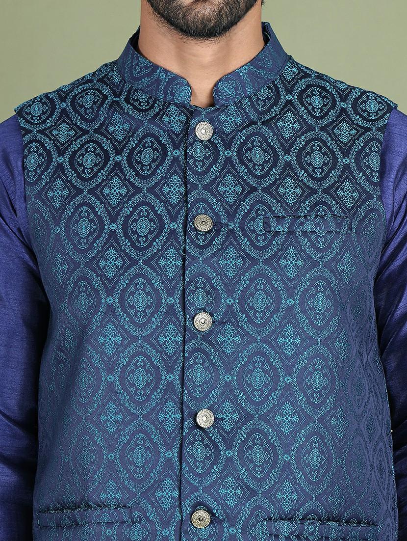 teal silk blend nehru jacket - 21687898 - Standard Image - 5