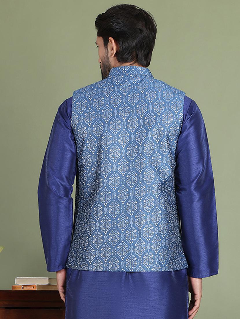 blue silk blend nehru jacket - 21687899 - Standard Image - 3