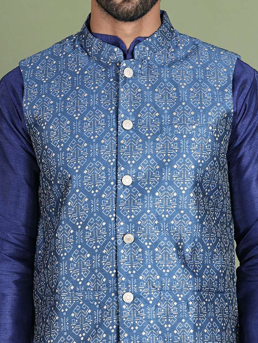 blue silk blend nehru jacket - 21687899 - Standard Image - 5