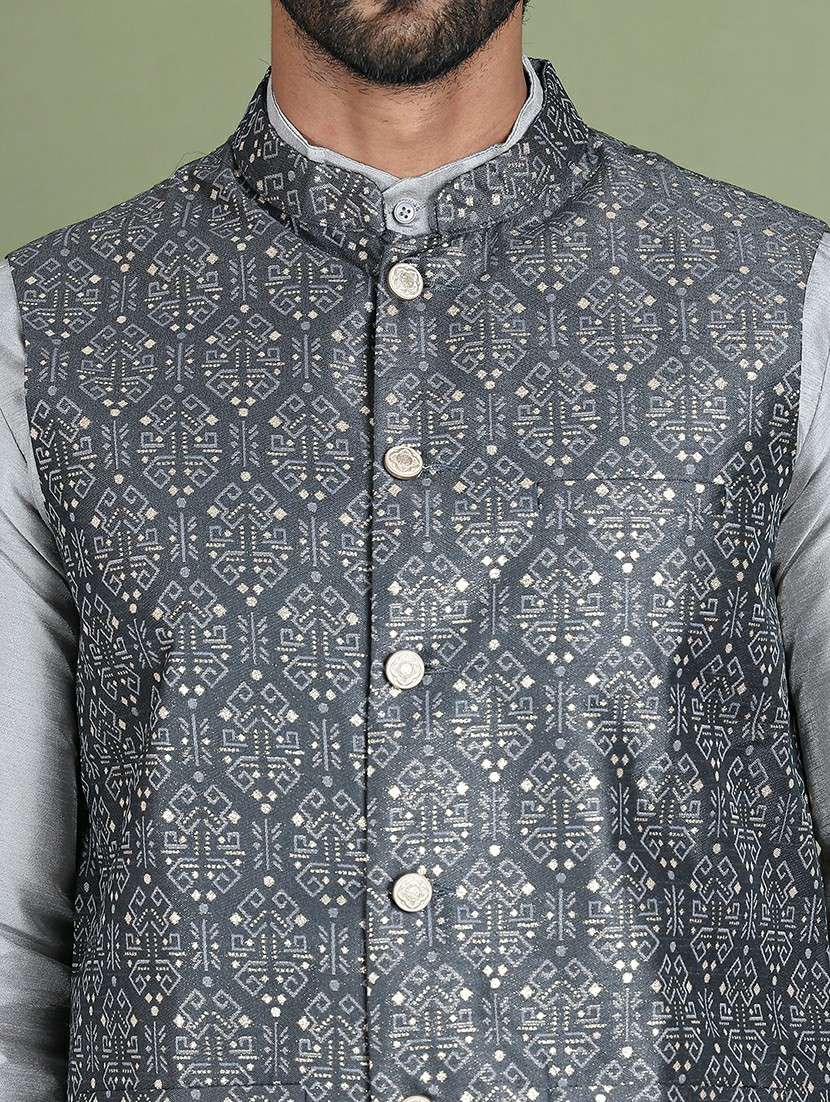 charcoal silk blend nehru jacket - 21687900 - Standard Image - 5