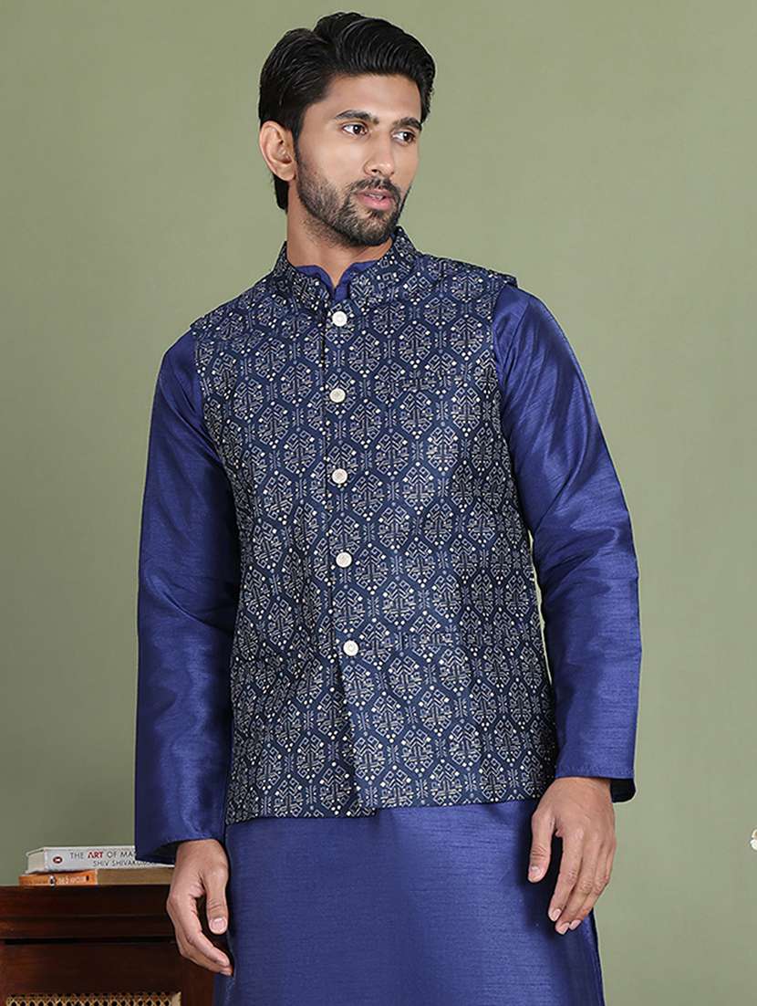 navy blue silk blend nehru jacket