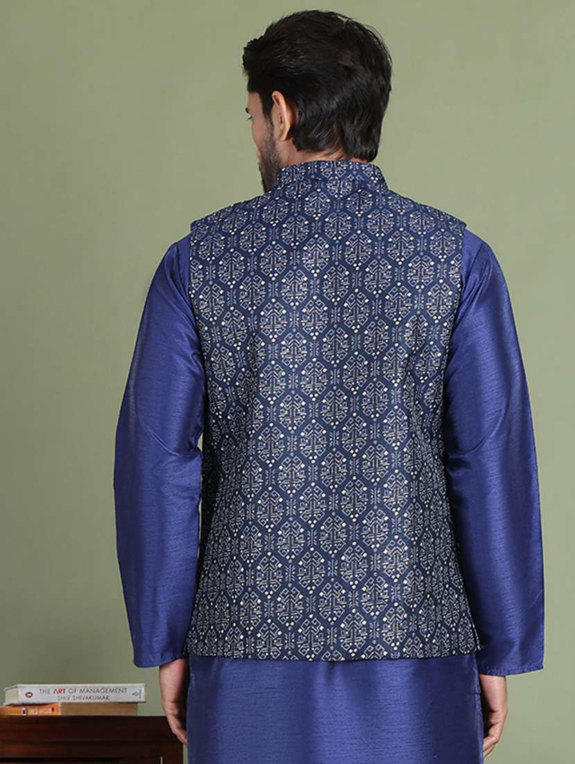 navy blue silk blend nehru jacket - 21687901 -  Standard Image - 3