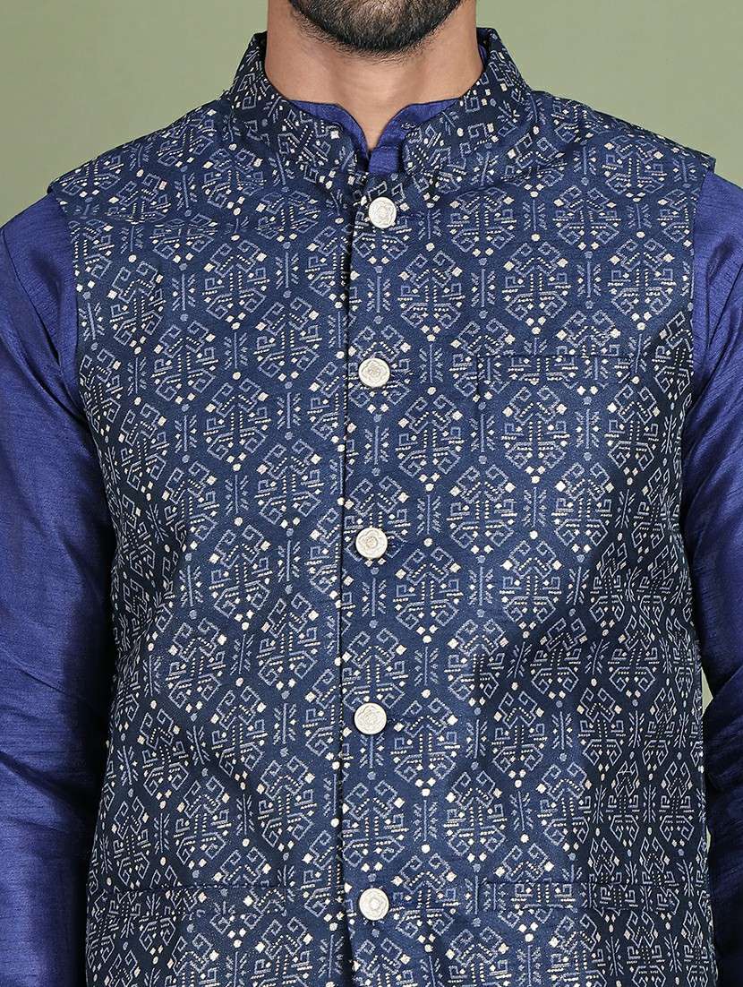navy blue silk blend nehru jacket - 21687901 -  Standard Image - 5