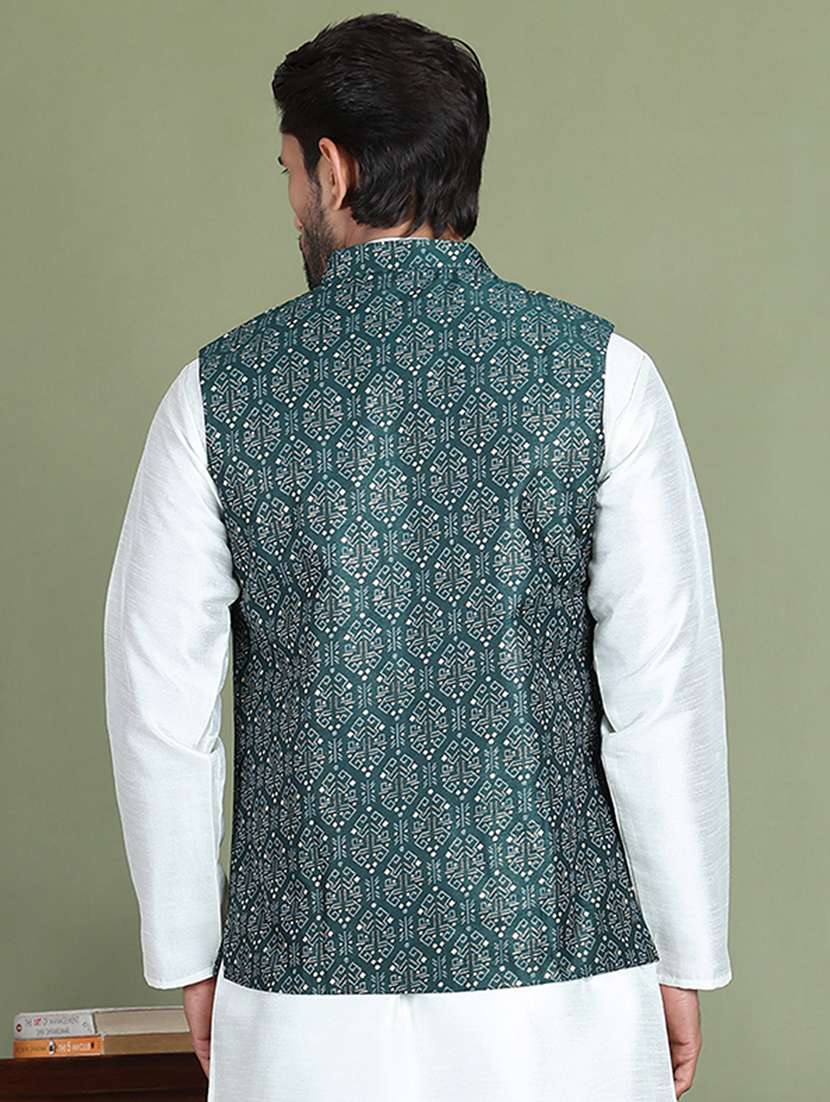 olive silk blend nehru jacket - 21687902 - Standard Image - 3