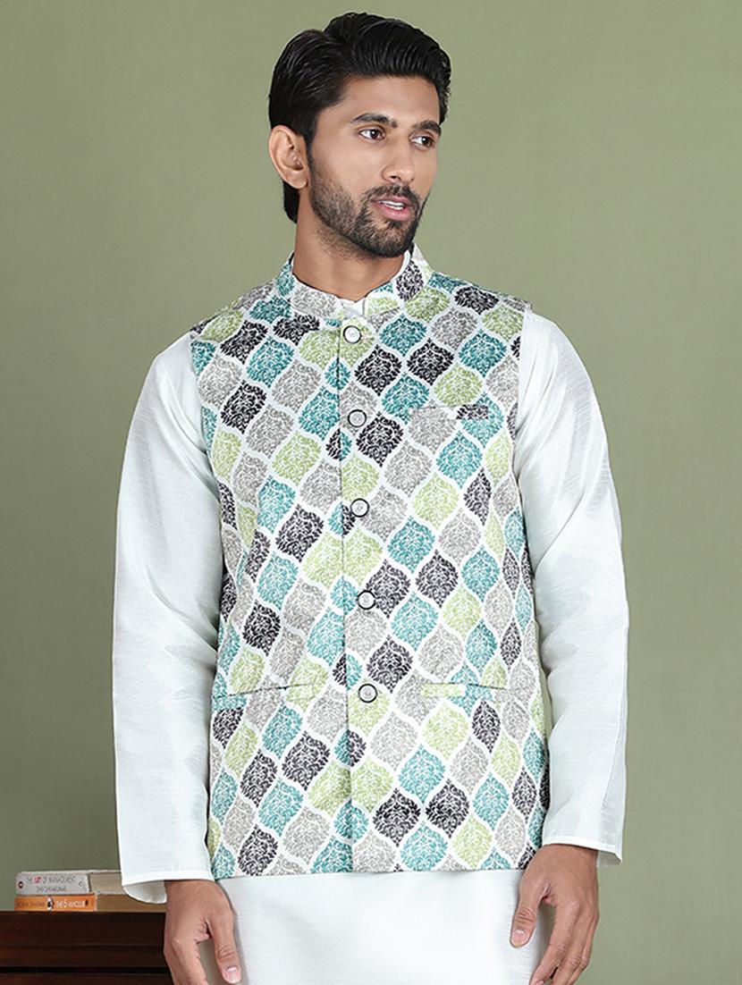 green silk blend nehru jacket - 21687903 - Zoom Image - 0