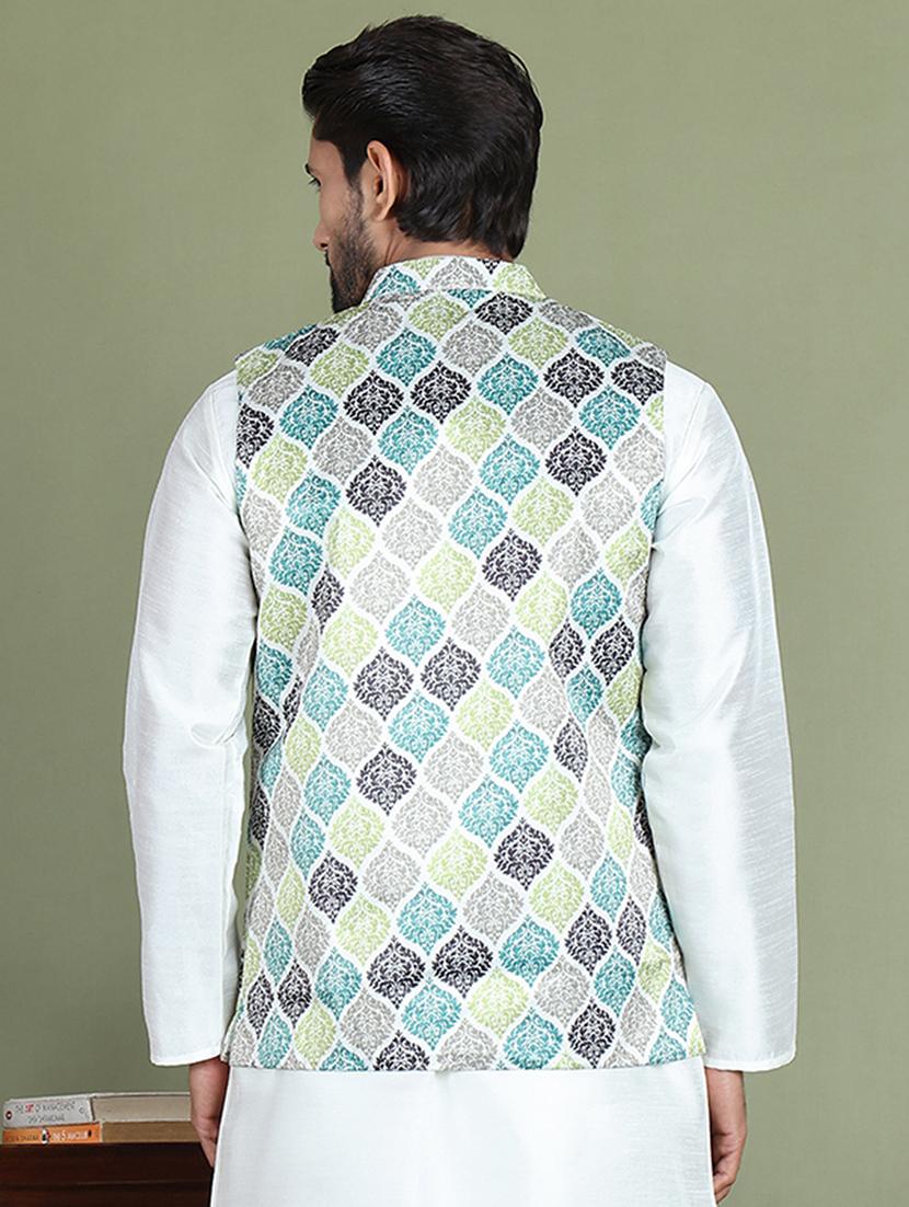 green silk blend nehru jacket - 21687903 - Standard Image - 3
