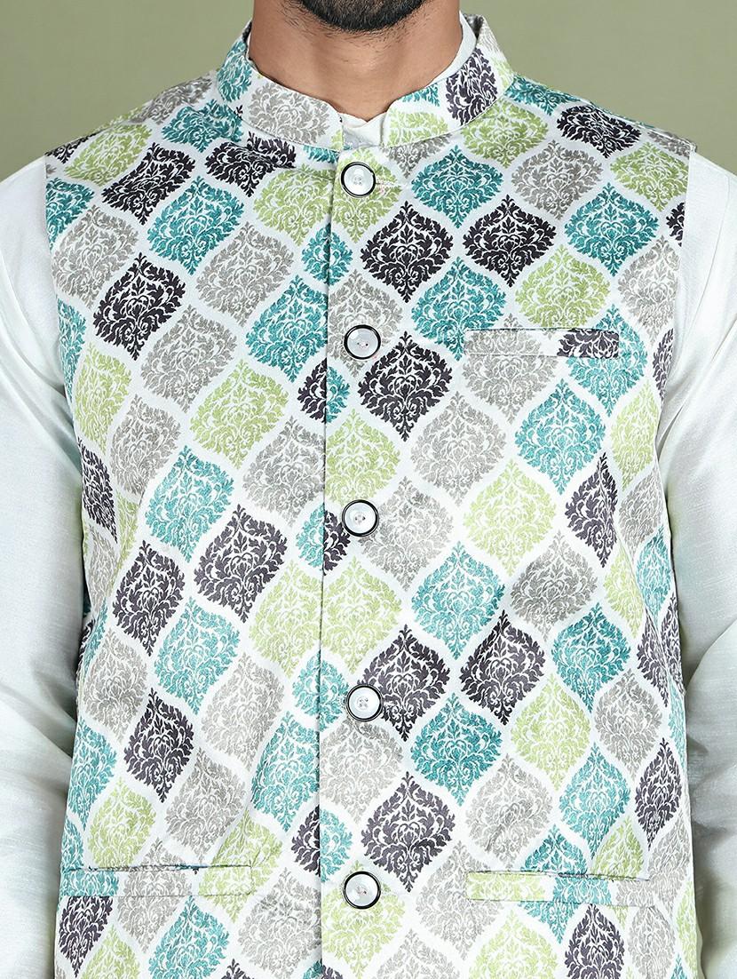 green silk blend nehru jacket - 21687903 - Standard Image - 5
