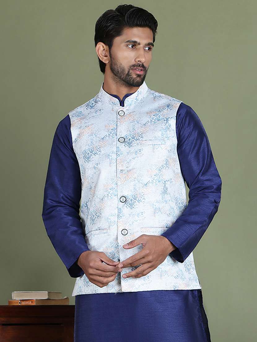 silver silk blend nehru jacket