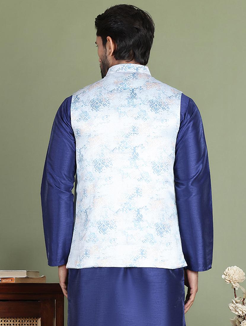 silver silk blend nehru jacket - 21687904 - Standard Image - 3