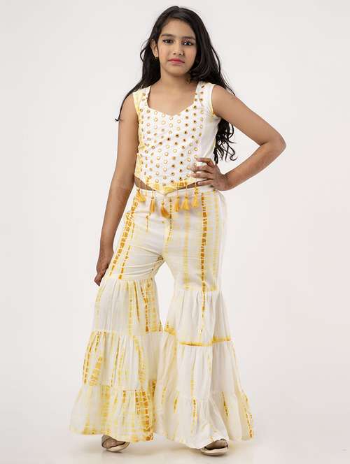 girls yellow tie & dye sleeveless top sharara set