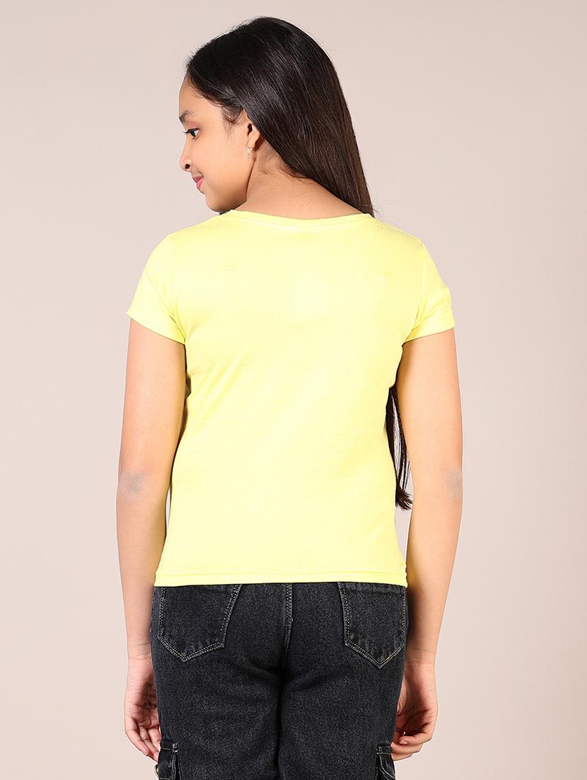 girls yellow front print round neck t-shirt - 21688117 - Standard Image - 3