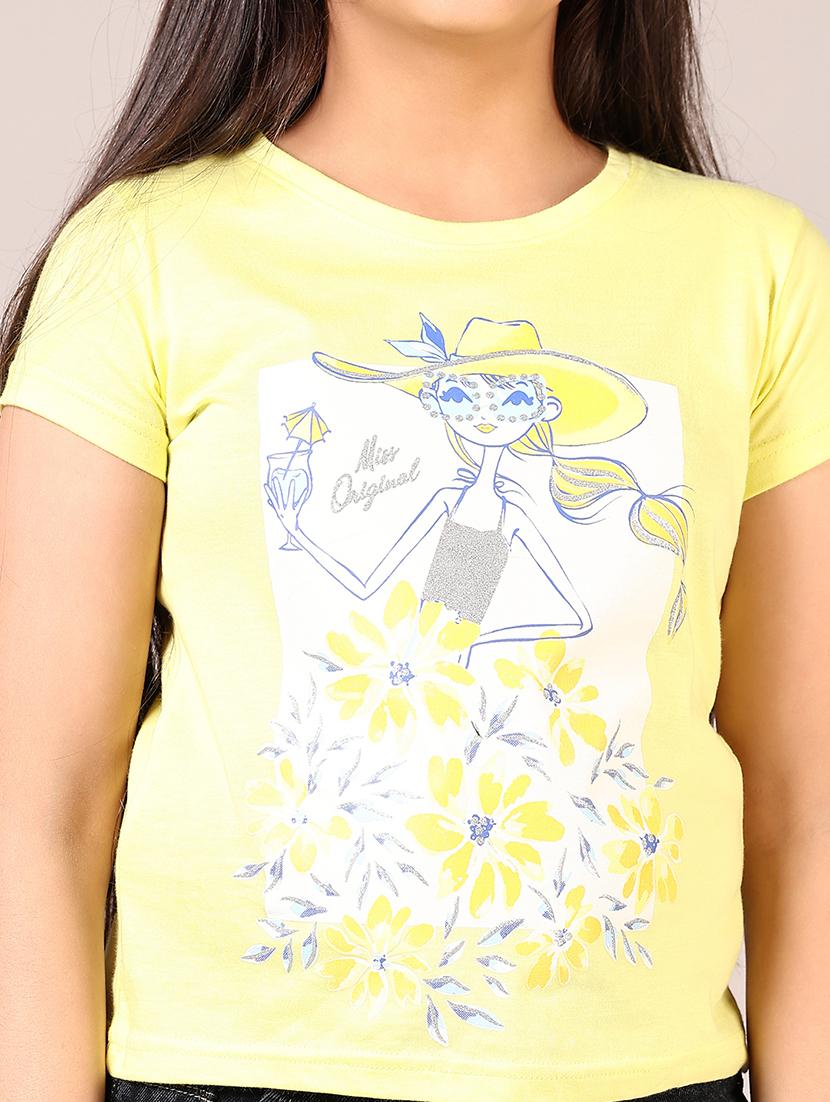 girls yellow front print round neck t-shirt - 21688117 - Standard Image - 5