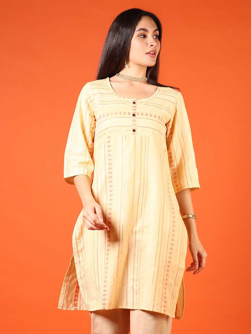 women yellow self design round neck straight kurta