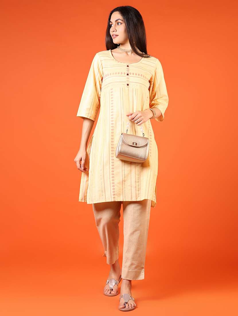 women yellow self design round neck straight kurta - 21688147 -  Standard Image - 3