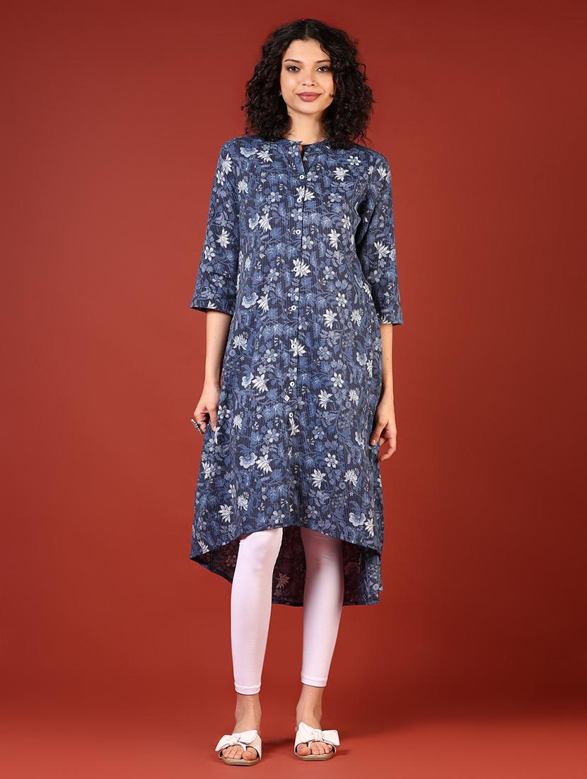 women printed mandarin neck high low kurta - 21688151 -  Zoom Image - 0