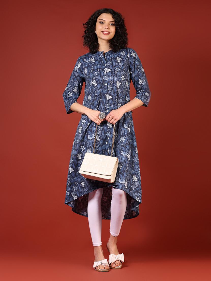 women printed mandarin neck high low kurta - 21688151 - Standard Image - 3