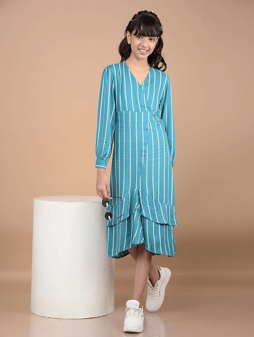 girls turquoise striped long sleeve wrap dress