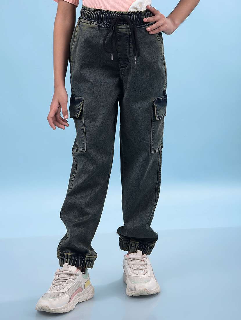 girls navy blue plain wide leg jean