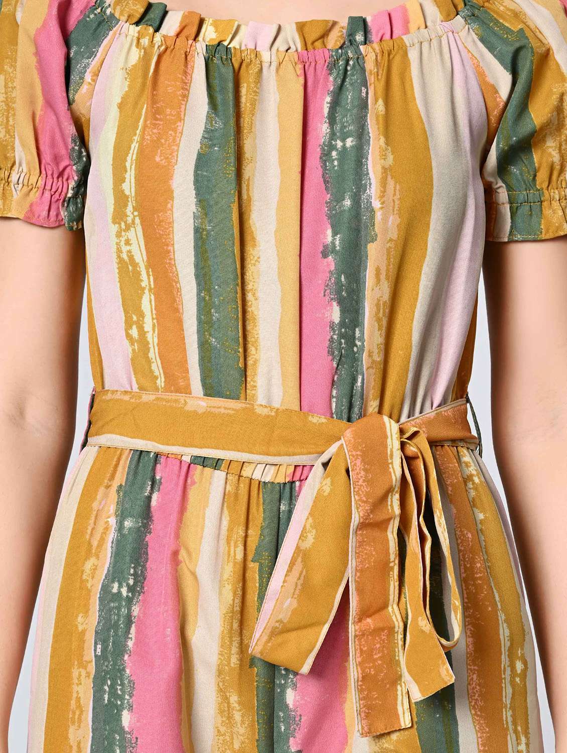 Women Striped Puff Sleeves Full Length Jumpsuit