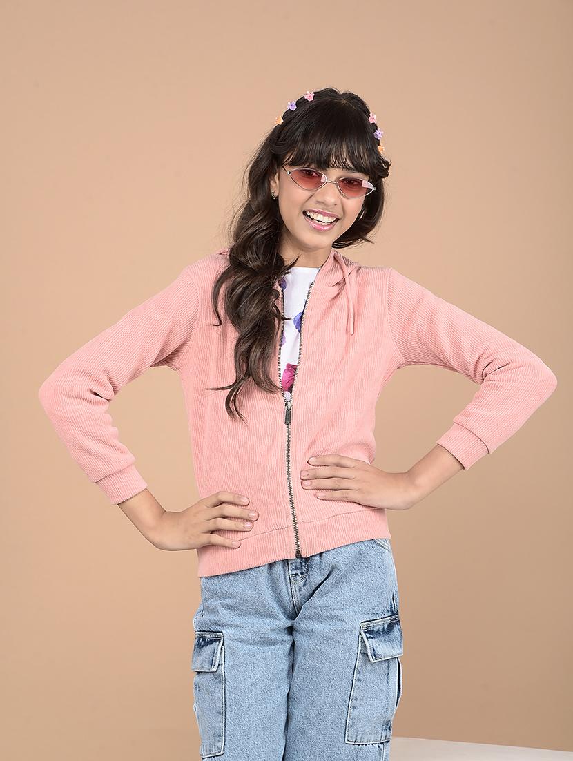 girls peach long sleeve plain hooded sweatshirt - 21688423 -  Zoom Image - 0