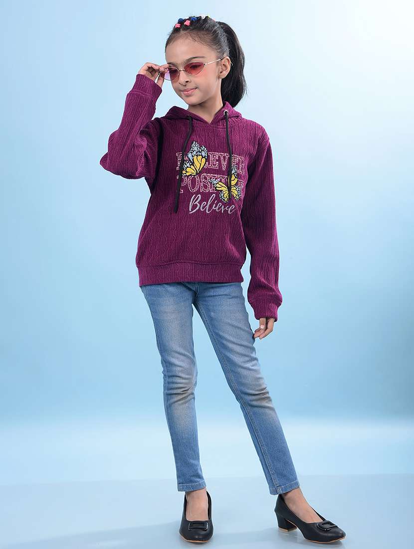 girls self design hooded neck sweater - 21688435 - Standard Image - 5