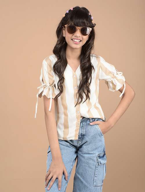 girls beige striped puff sleeve top - 21688448 -  Standard Image - 0